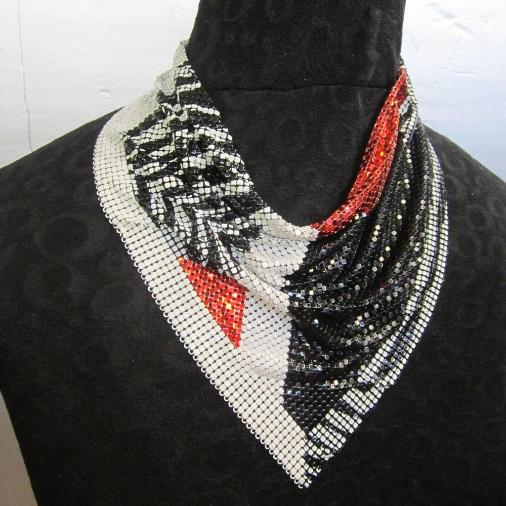 Ferrara Whiting and Davis black white red, and Zebra mesh cowl with red earrings